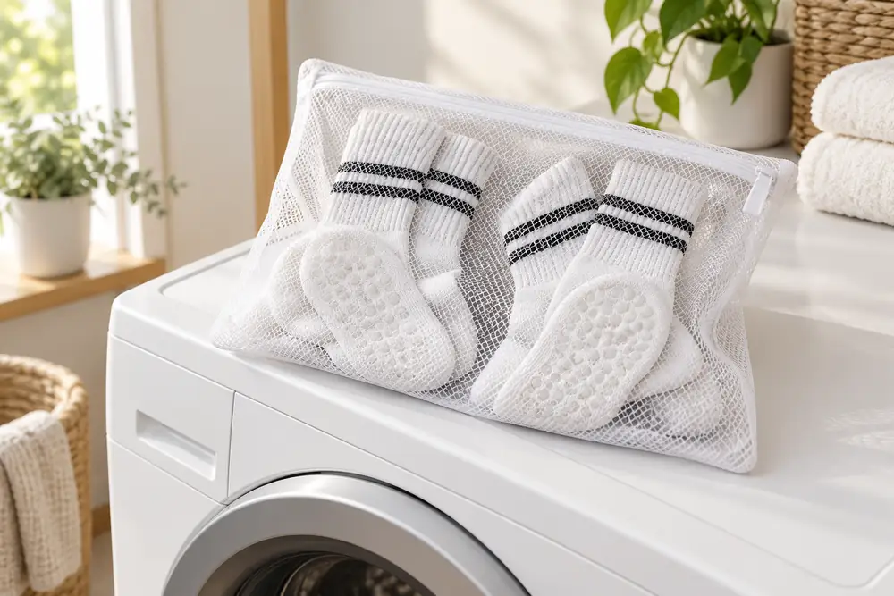 Weiße Crew Socken mit schwarzen Streifen in einem Wäschenetz auf einer Waschmaschine, Noppensohlen nach außen gedreht, helles Zimmer mit Pflanzen