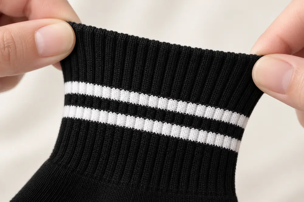 Schwarzes Rippbündchen der Crew Socke mit zwei weißen Streifen, zwischen den Fingern zweier Hände auseinandergezogen