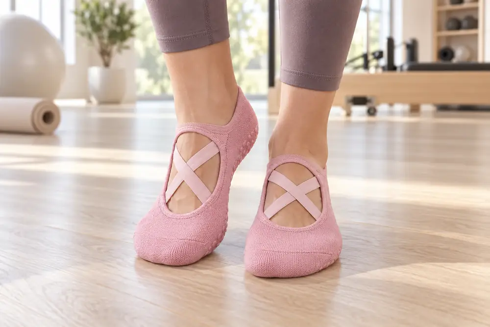 Rosa Riemchen-Socken an beiden Füßen auf hellem Holzboden, Kreuzriemchen über dem Spann, Studio mit Matte und Reformer unscharf im Hintergrund