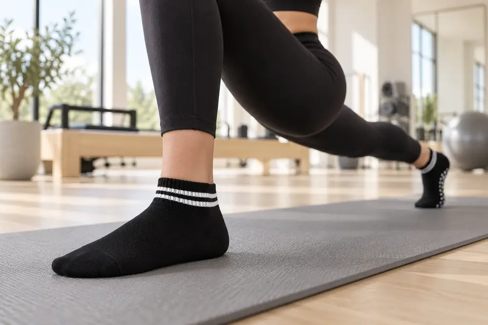 Ausfallschritt auf einer grauen Matte im hellen Studio: der vordere Fuß steckt in einer schwarzen Knöchel-Socke mit zwei weißen Streifen, am hinteren, aufgestellten Fuß sind die Noppen der Sohle zu sehen, im Hintergrund unscharf ein Reformer und ein Gymnastikball