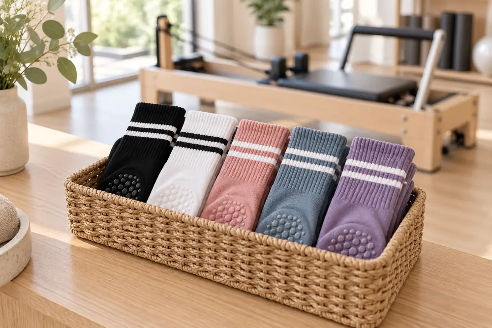 Fünf gerollte Crew Socken in Schwarz, Weiß, Rosa, Blaugrau und Lila in einem Weidenkorb auf einem Holztresen, Reformer im Hintergrund