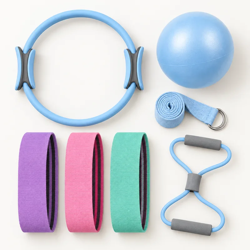 Pilates Set in Blau von oben: blauer Ring mit grauen Griffen, blauer Ball, gerolltes blaues Dehnband, drei Hüftbänder in Lila, Rosa und Mint, blauer Achter-Expander