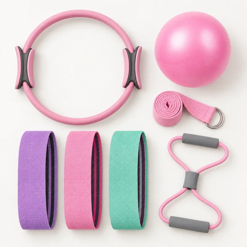 Trittfein Pilates Set flach ausgelegt: Ring in Rosa, Ball, Dehnband, drei Hüftbänder und ein Achter-Expander