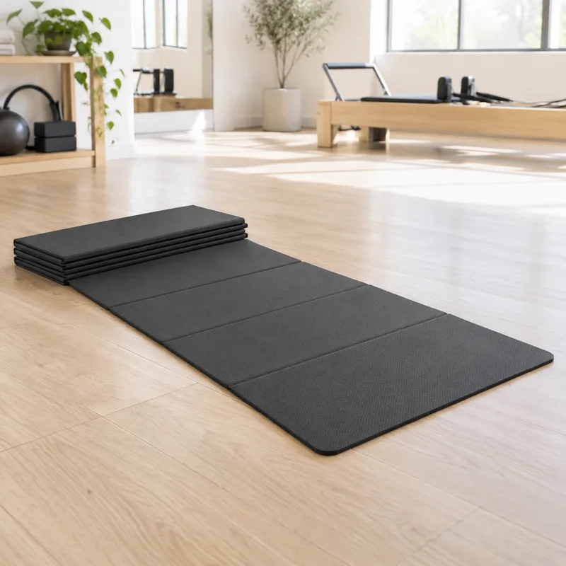 Faltbare Trittfein Pilates Matte in Schwarz, halb aufgeklappt auf hellem Holzboden